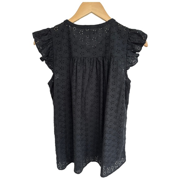 Madewell Eyelet Ruffle Sleeve Bib Top Black Button Down Size Medium - Picture 9 of 12